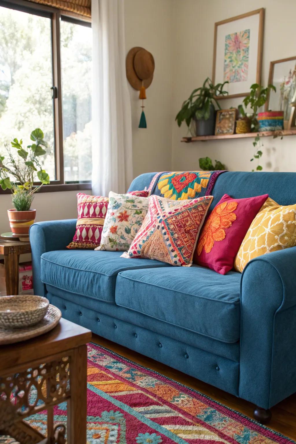 Vibrant accents make the azure settee burst with energy.