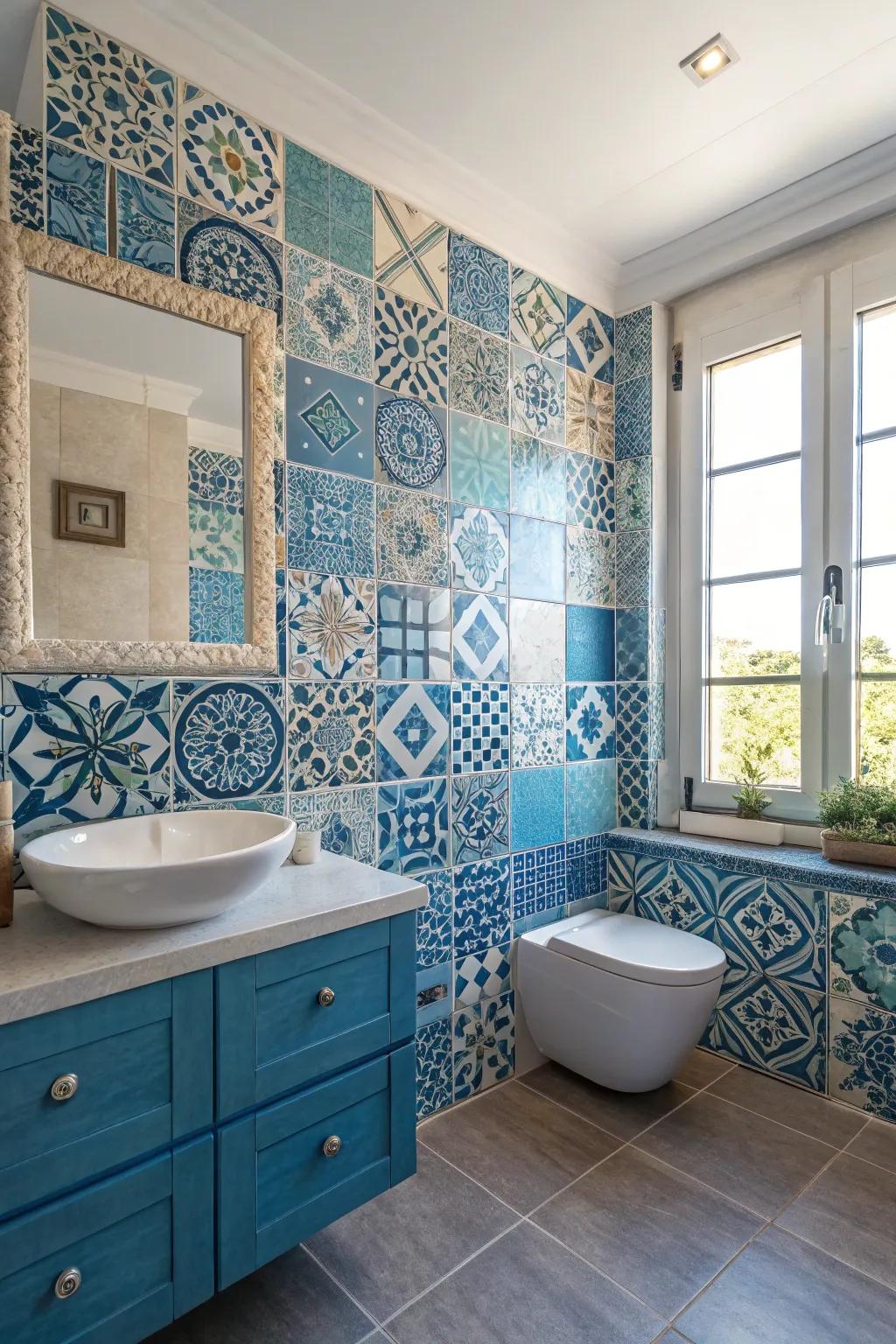An eclectic mix of azure tiles fashions a singular and personalized bathroom layout.