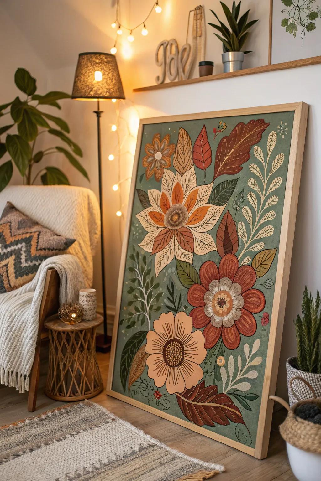 A boho painting that brings the vibrant beauty of flowers into your home.