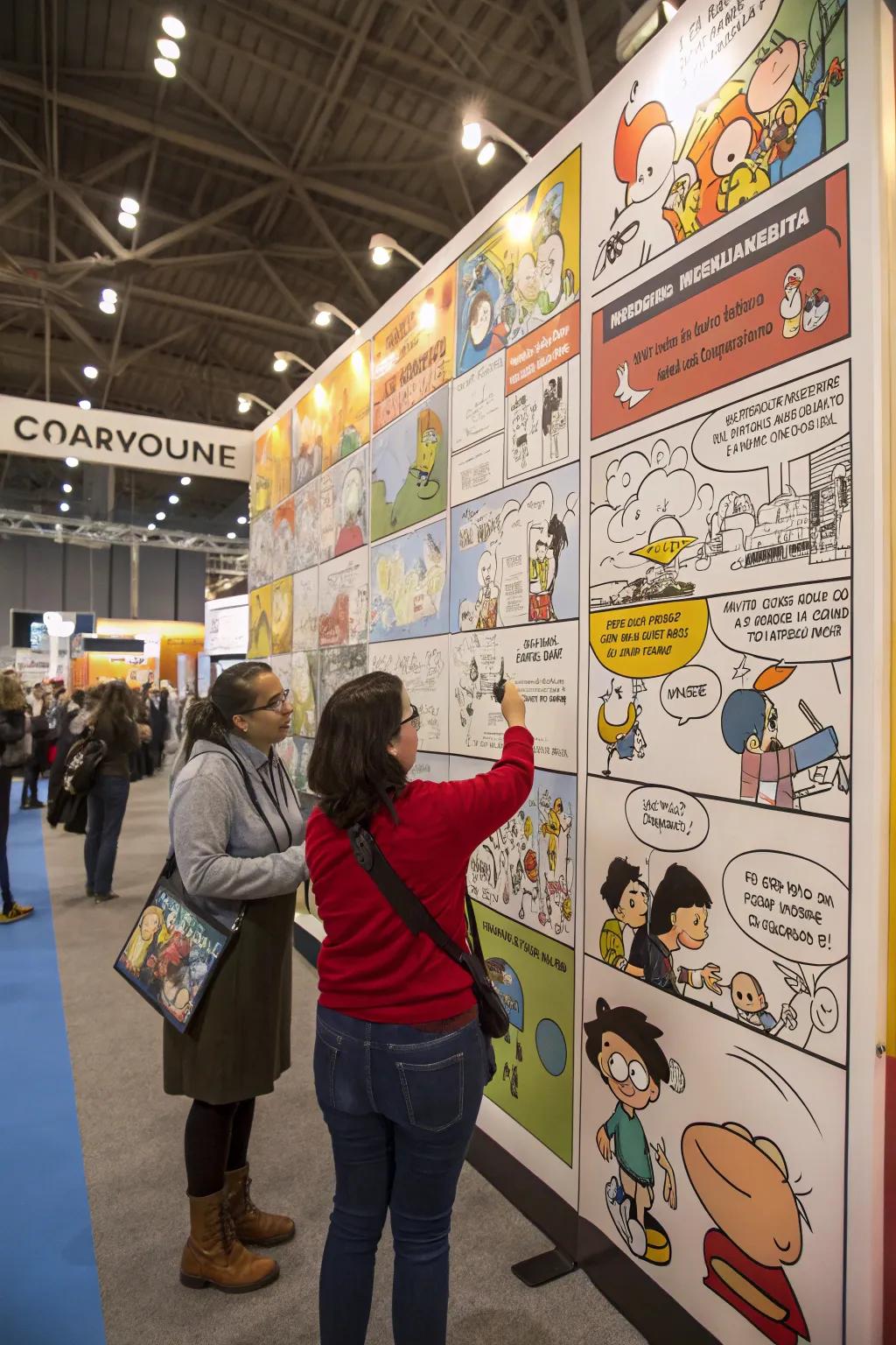 A massive comic strip mural invites creativity at the book fair.