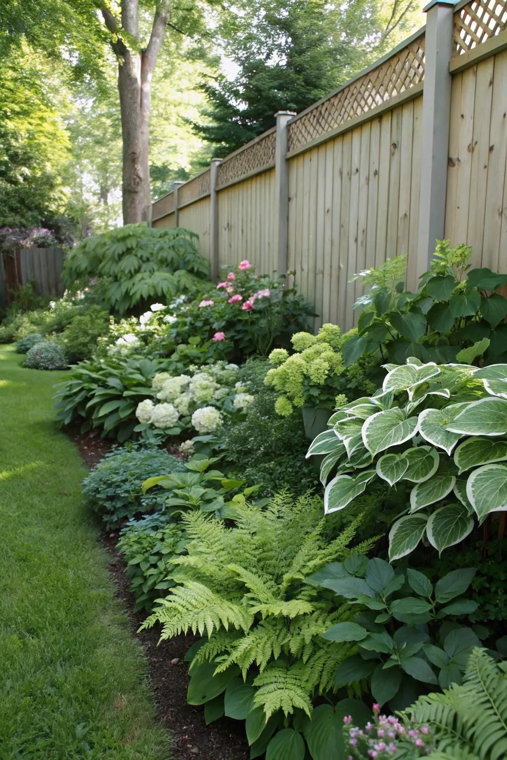 A vibrant, shaded garden border featuring shade-loving plants.