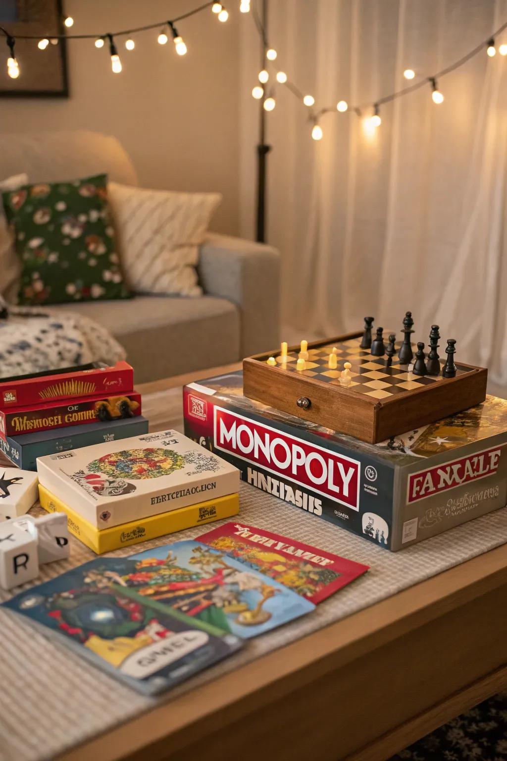 A table filled with tabletop games for a lively Boxing Day gaming session.