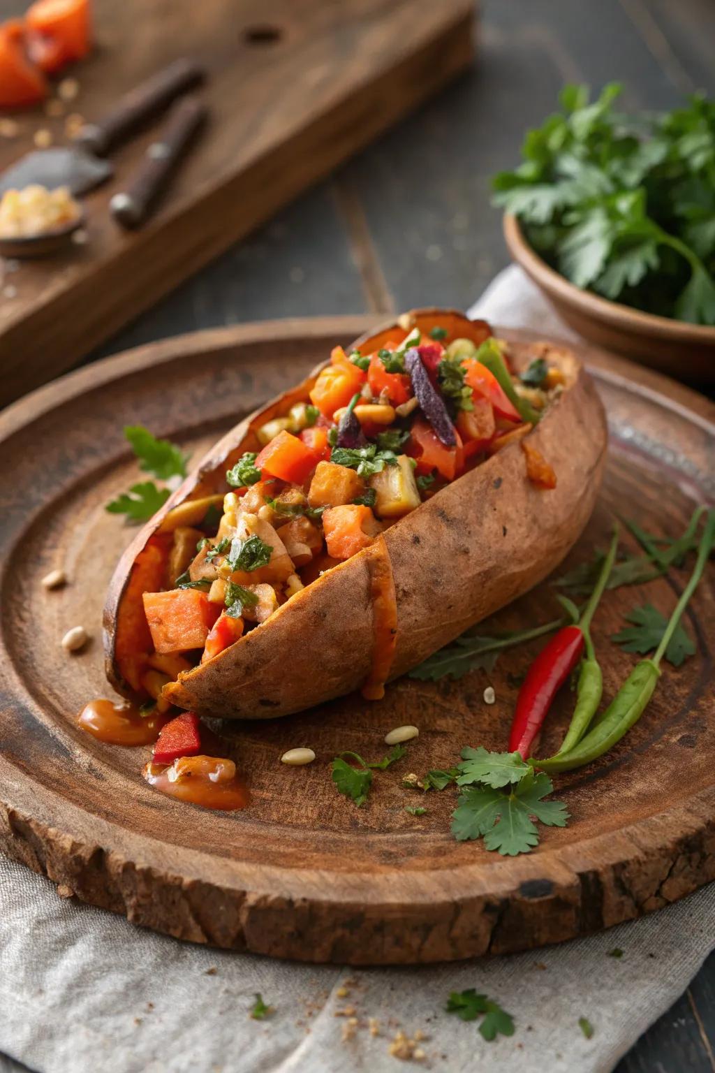 A sweet potato loaded with vibrant vegetables—the perfect breakfast.