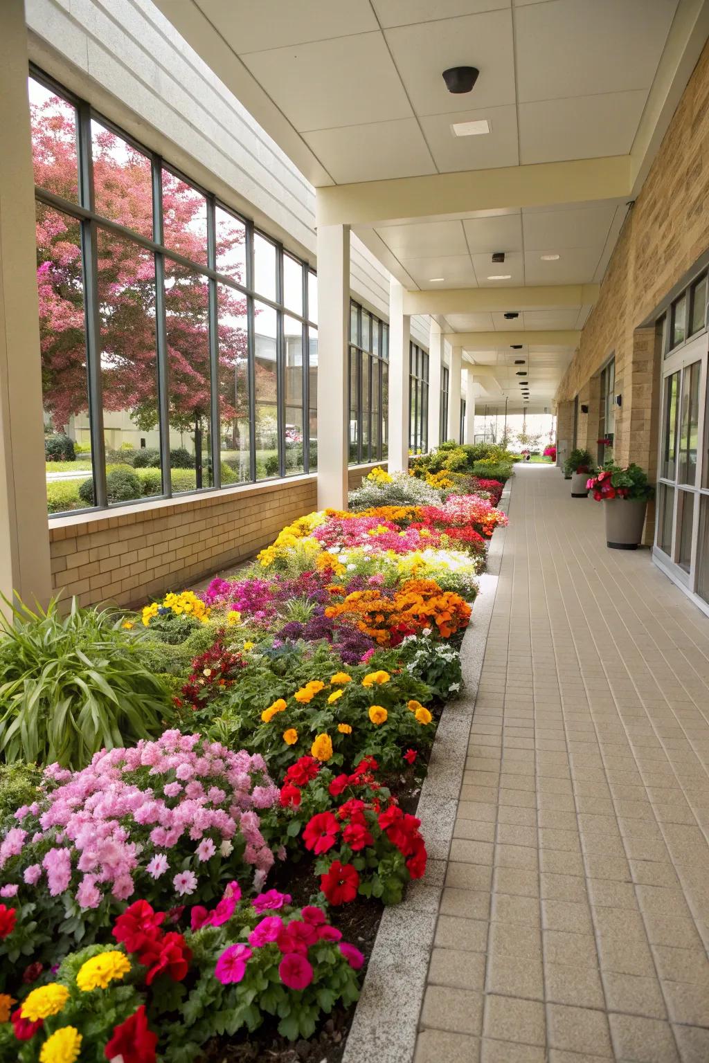 A seasonal blossom bed adding vibrant color to the breezeway.