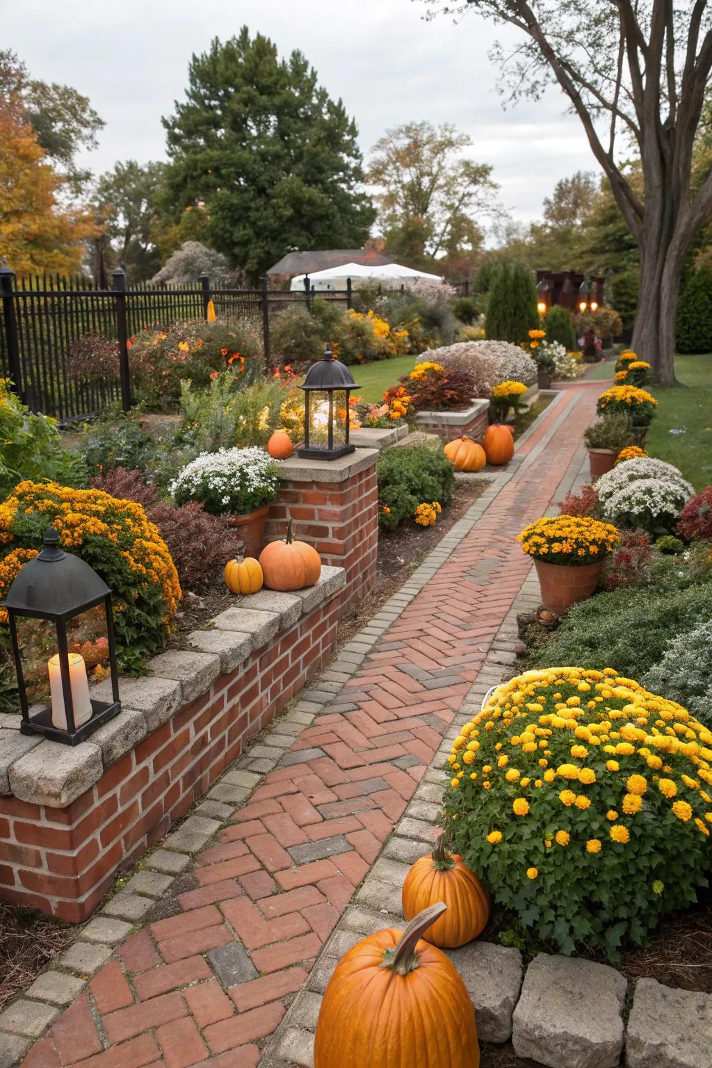 Seasonal decor adds charm to brick flower beds.