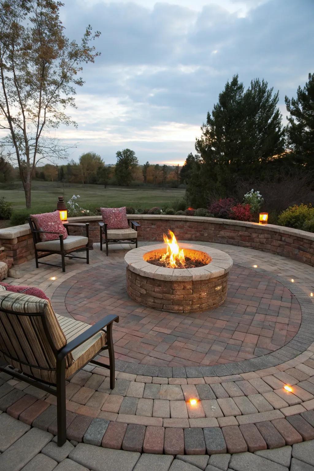 A circular rock area around a fire pit invites warmth and social gatherings.