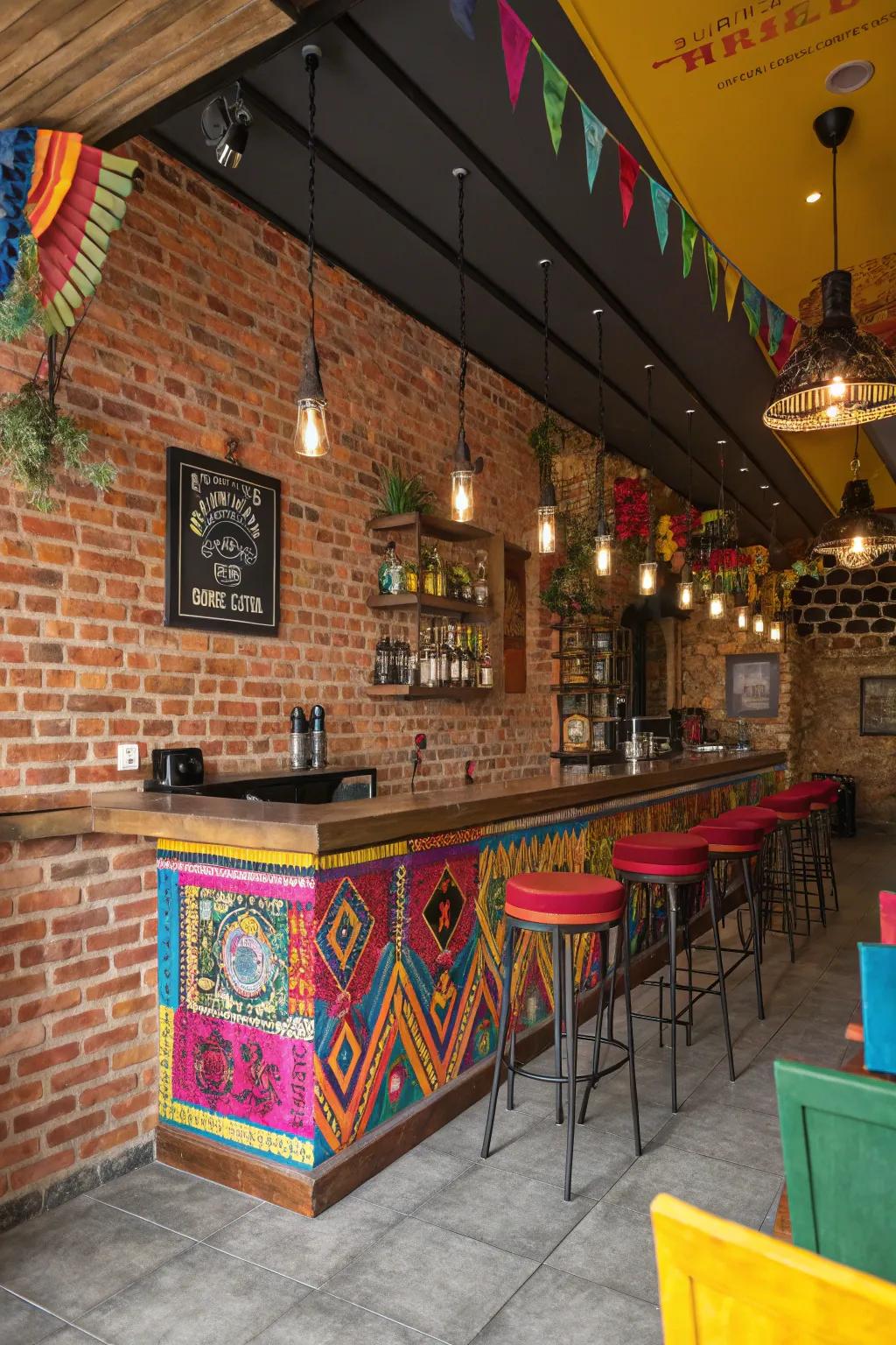 Strong shades evoke a lively vibe in a brick wall bar.