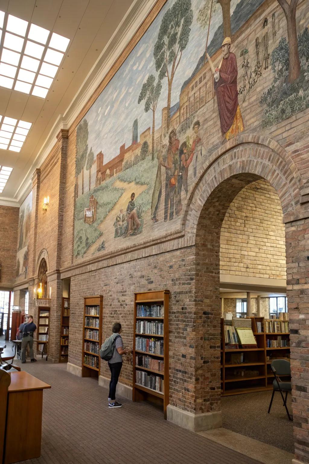 Historical mural introduces awareness and tale-telling on a brick wall.