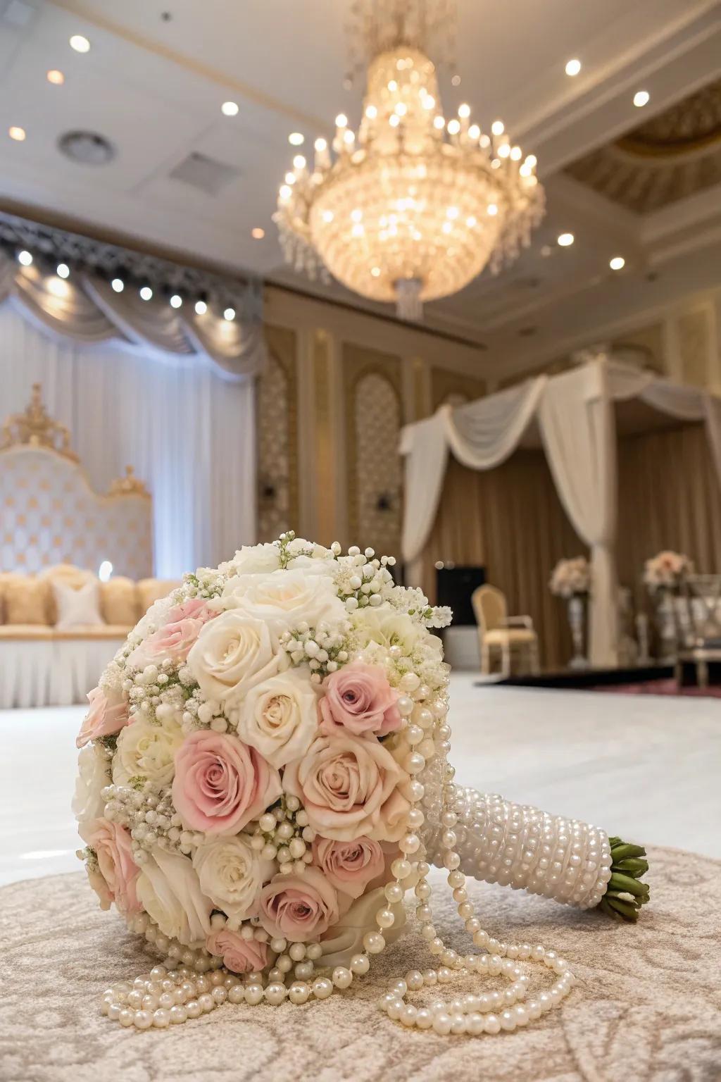 Pearls and beads deliver a glamorous element to bridal bouquet dressings.