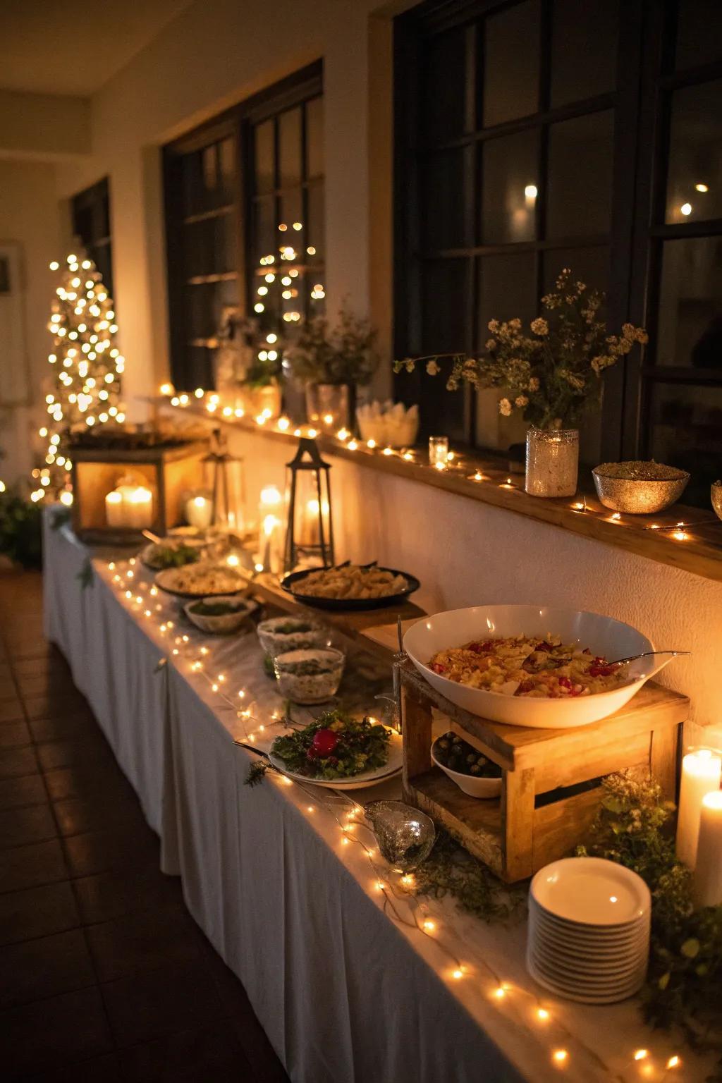 Strategic luminescence crafts a welcoming and enchanting buffet atmosphere.