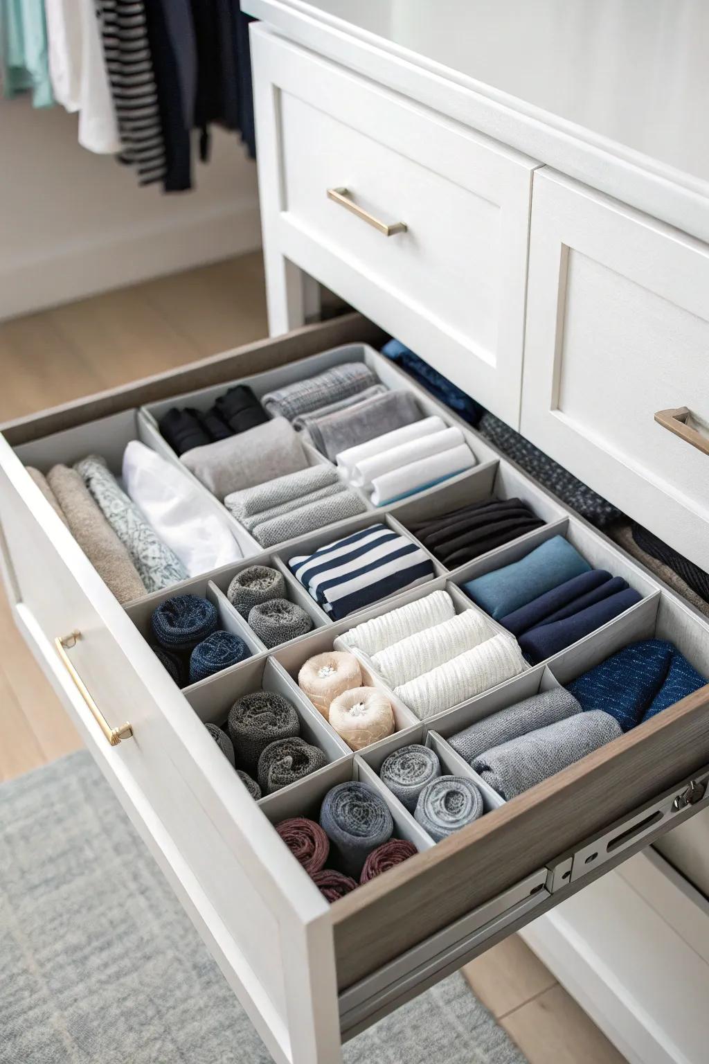 Drawer separators meticulously organize compact items.