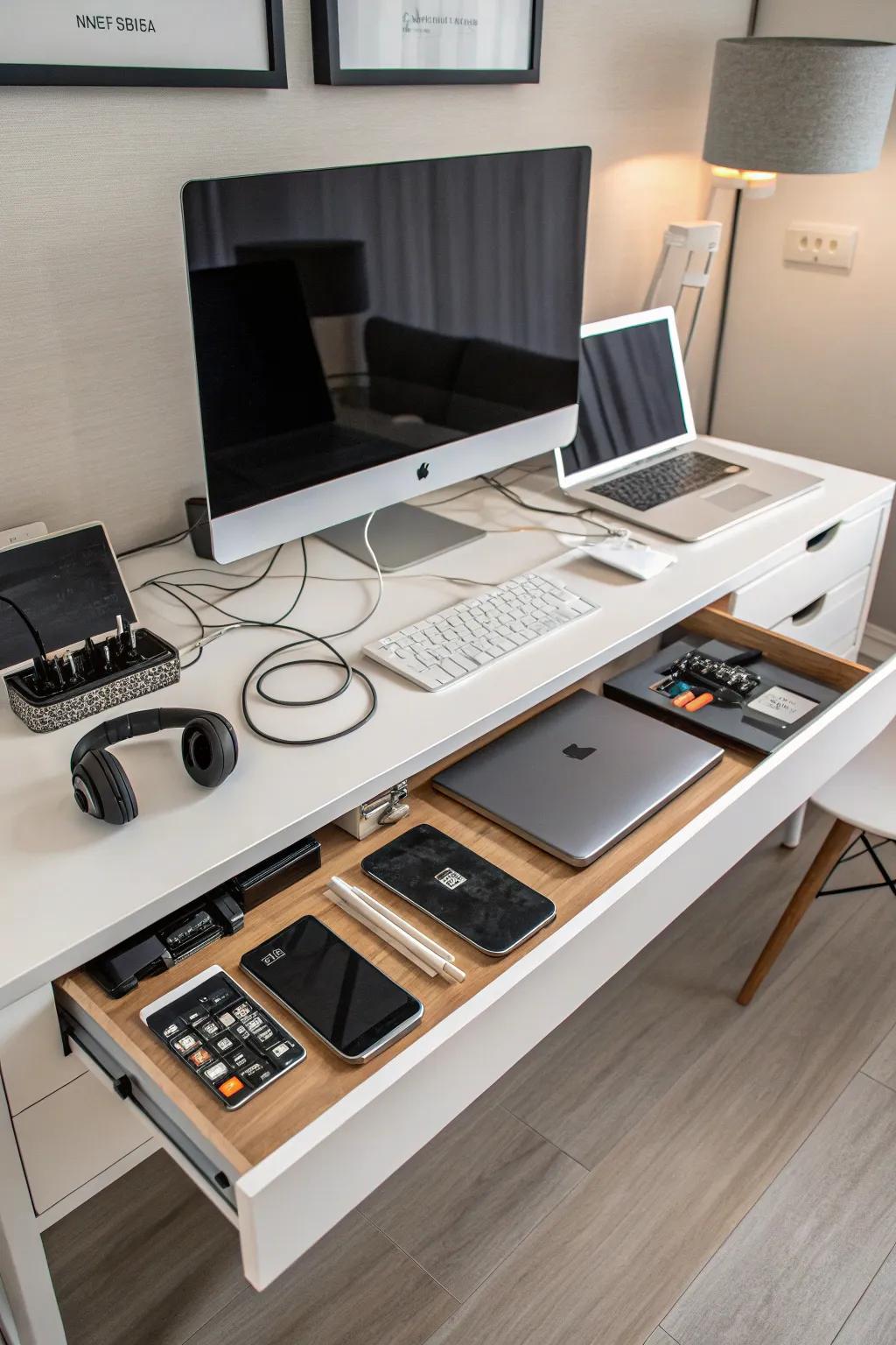 A tech-friendly desk setup for a neat and working workspace.