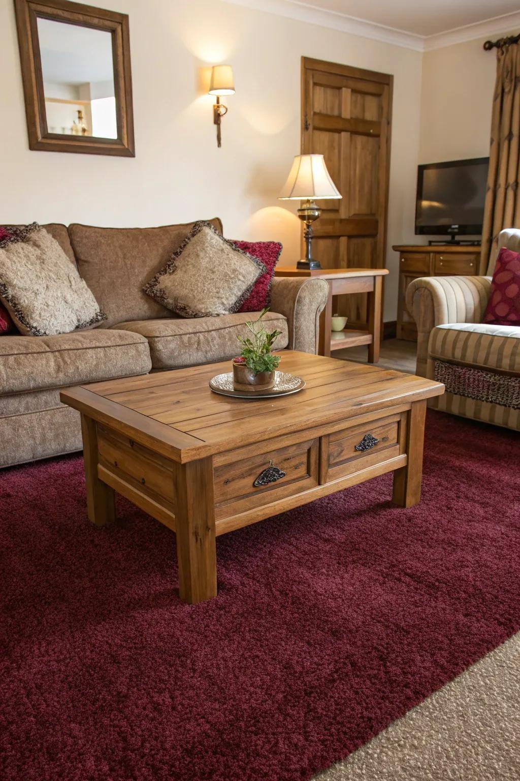 Timber components infuse warmth and complement a scarlet floor covering.