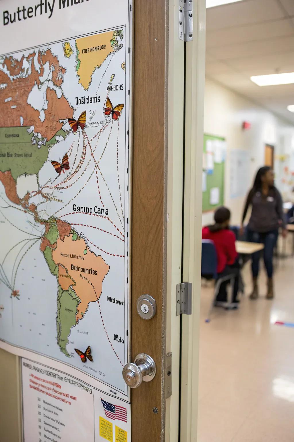 Illustrate the majestic migration of butterflies through a creative route display.