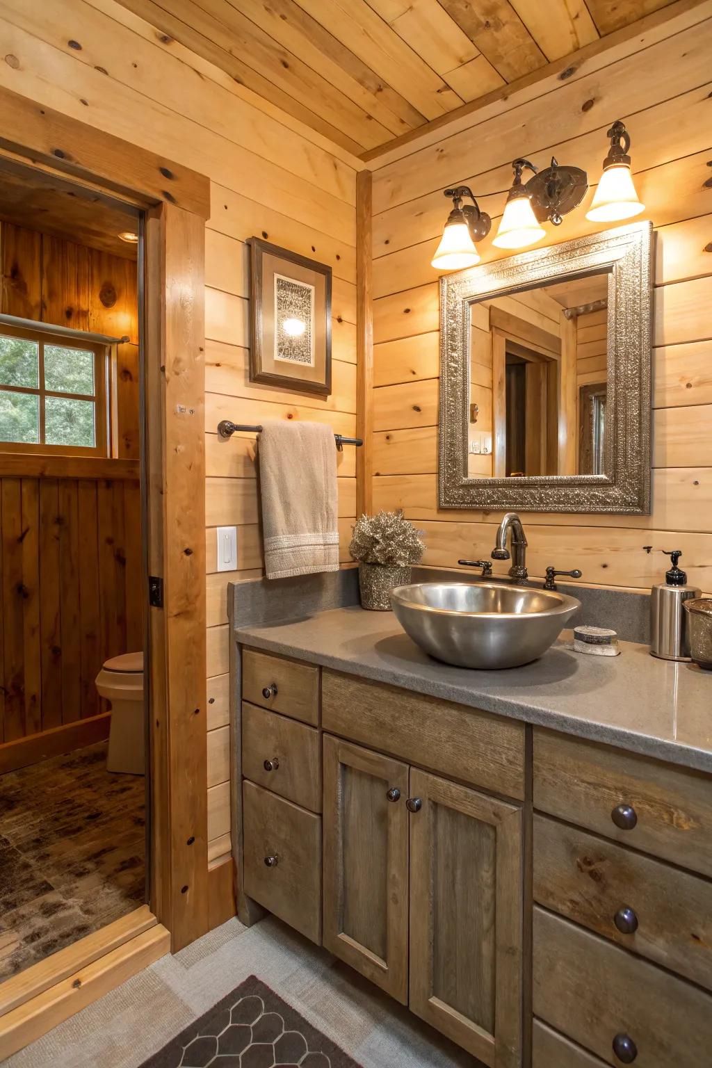 A log cabin washroom with metallic flea market finds for a hint of shine.