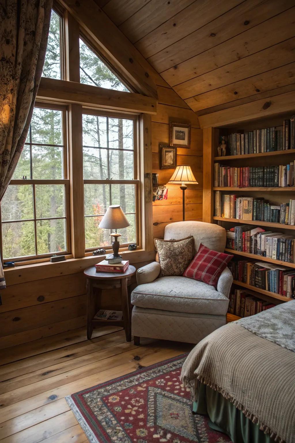 A cabin bedroom styled with a snug reading corner adjacent to the window.