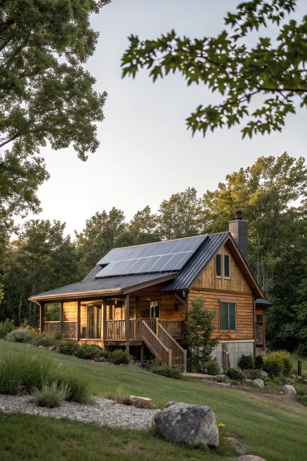 Solar panels provide an eco-friendly power solution for cabins.