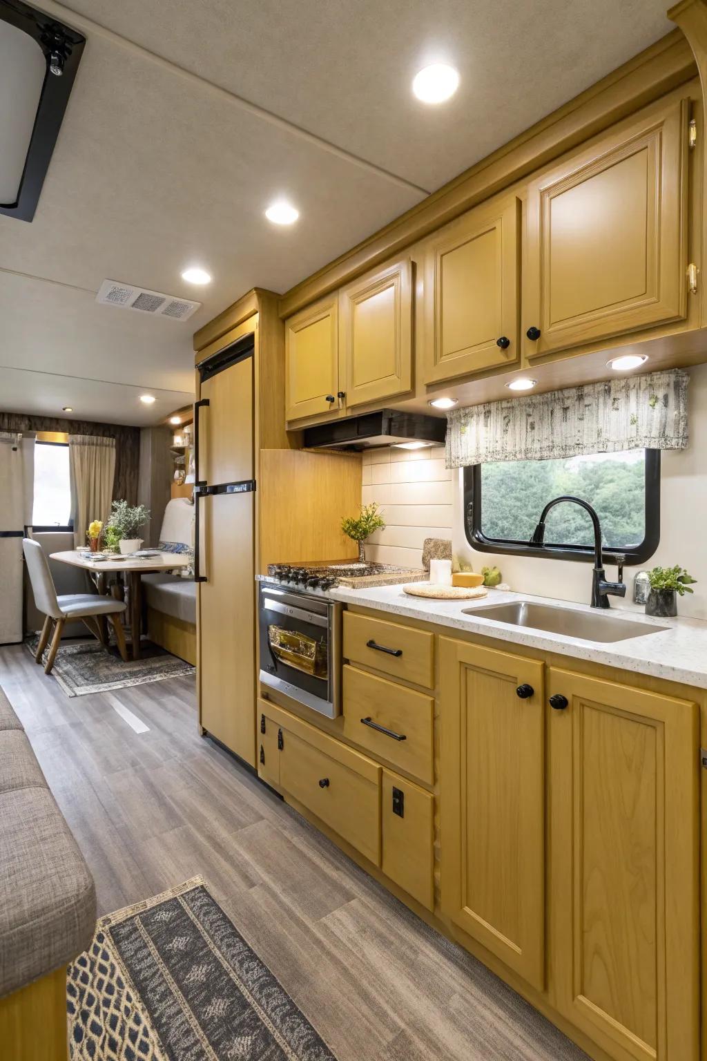 Mustard cabinets add warmth and depth.