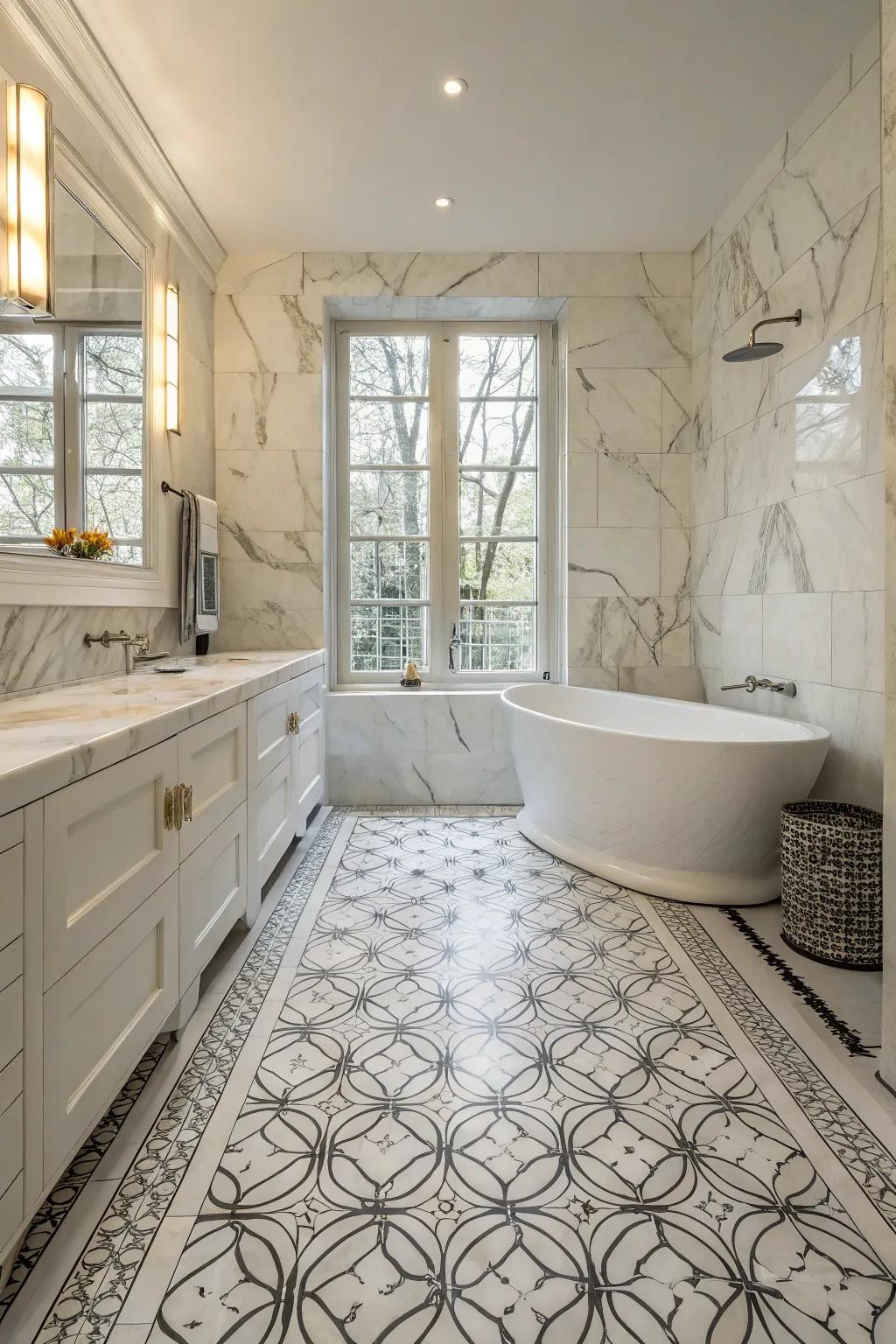 A bathroom showcasing the intricate detail of Luminous Argento marble mosaic tiles.