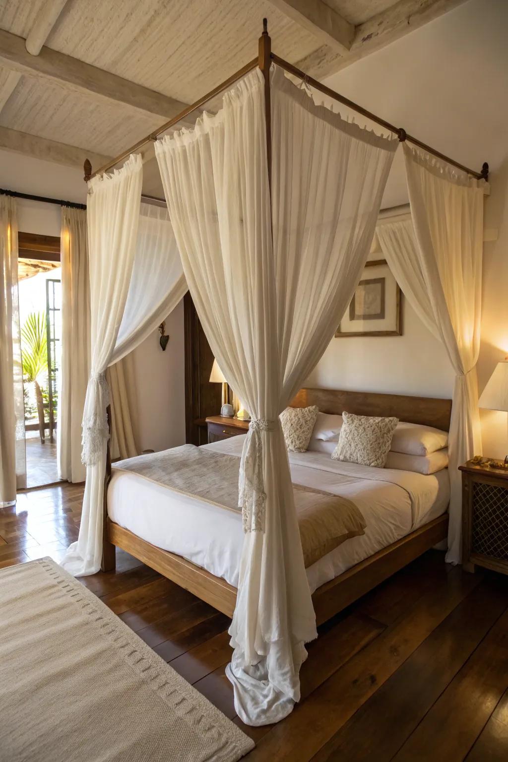 This bedroom features a canopy bed draped with light fabric for a dreamy ambiance.
