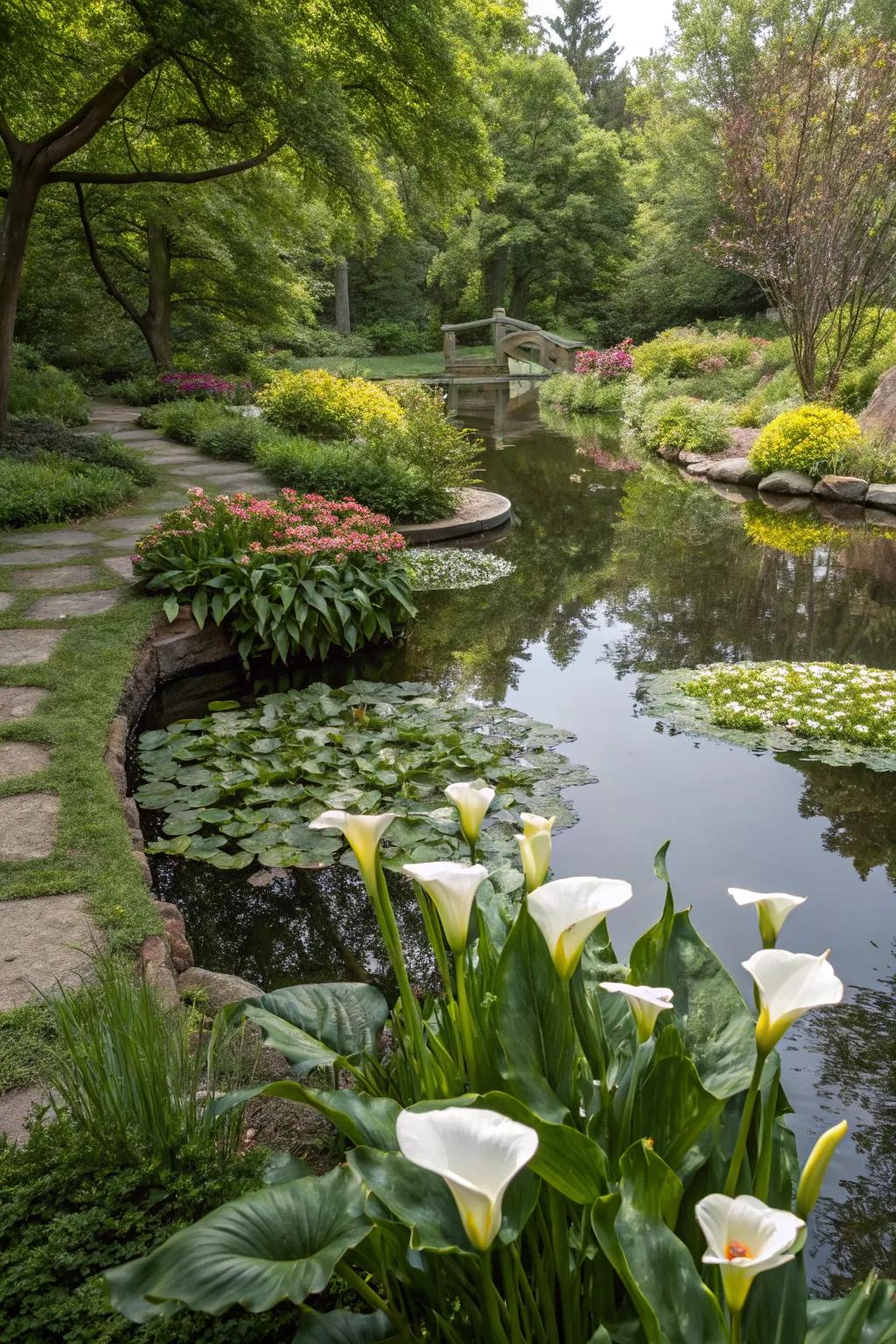 Calla lilies creating a tranquil water garden retreat.