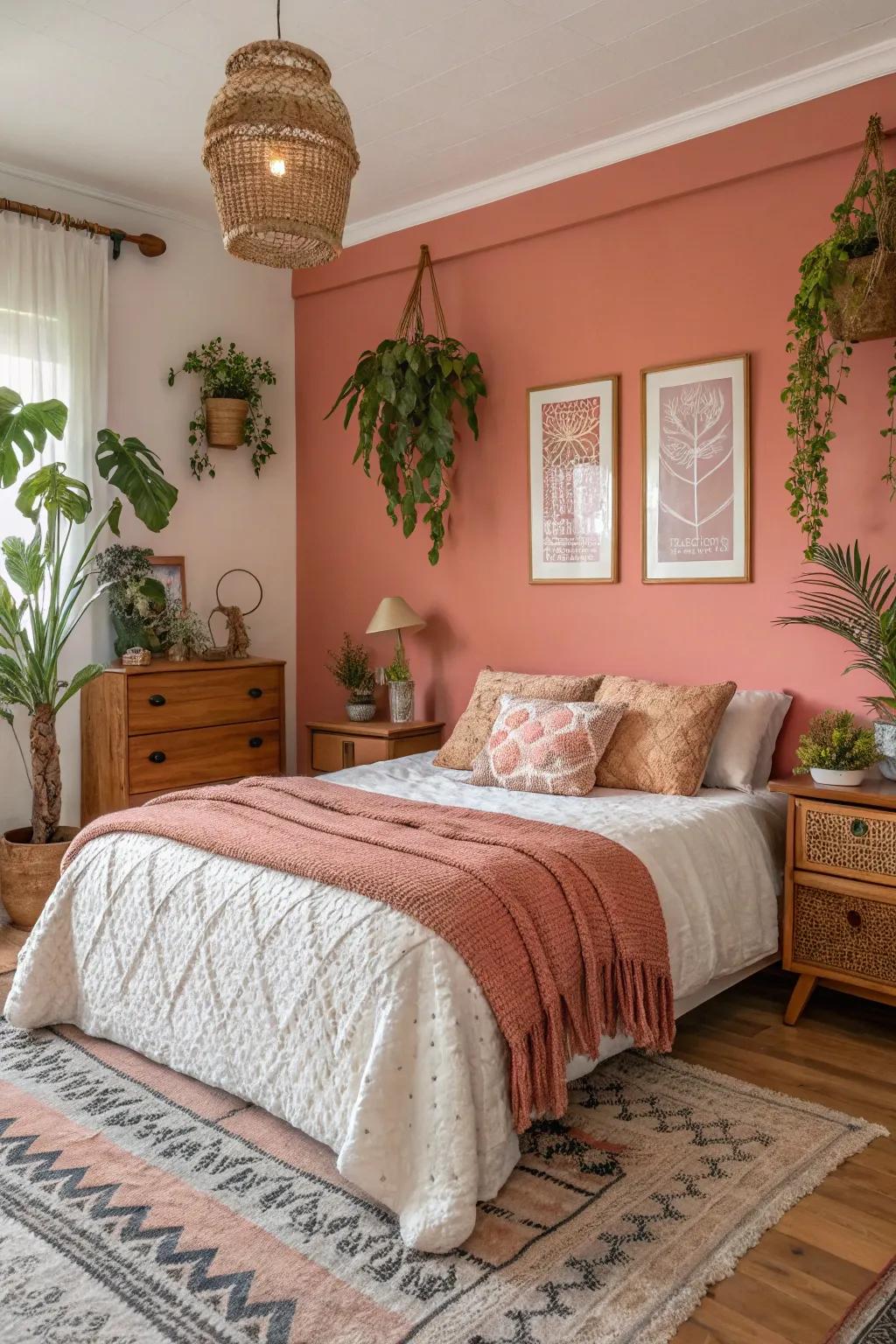 Light coral walls provide gentle warmth and harmony.