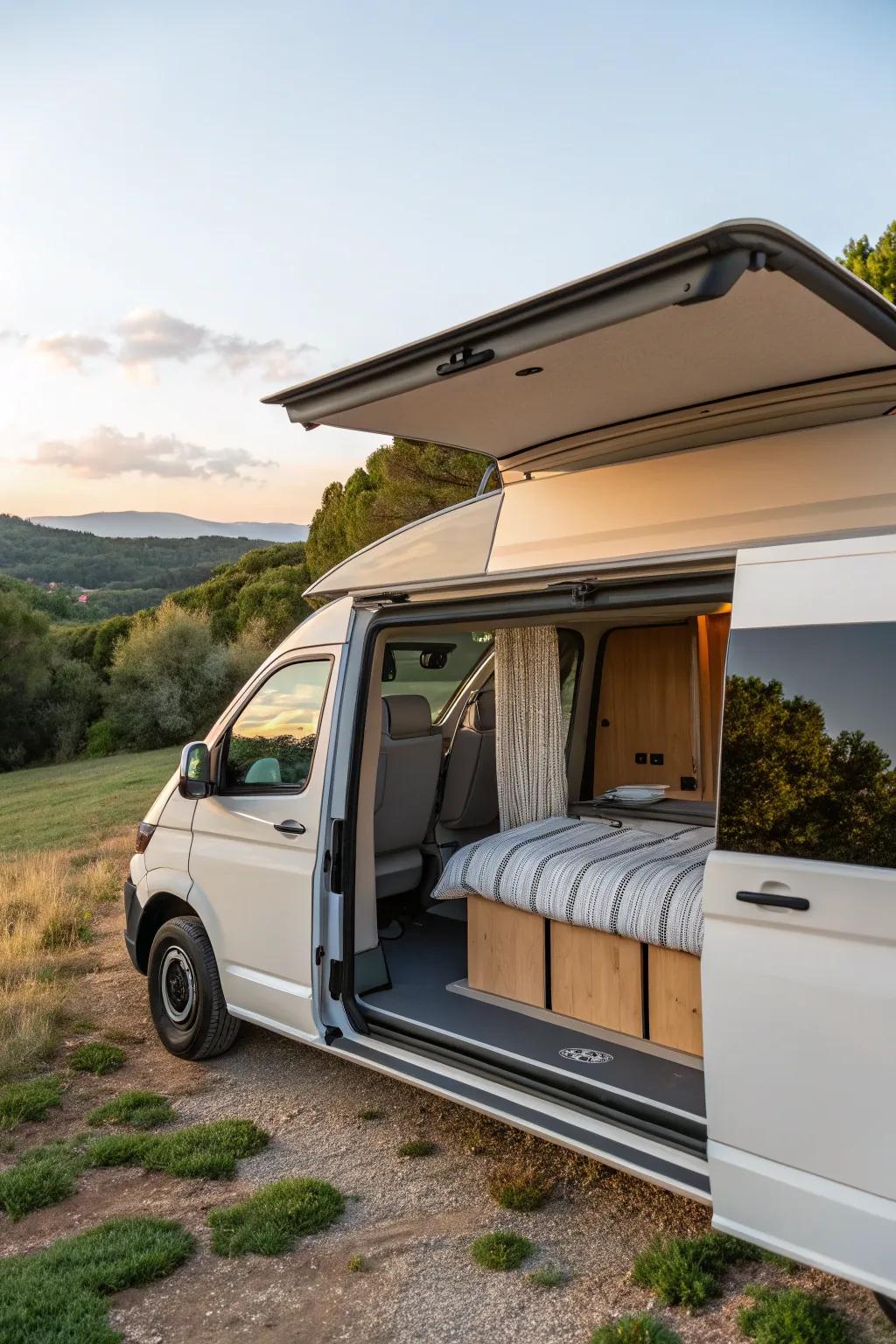 Pop-top beds elevate your sleeping experience, offering panoramic views of the surroundings.