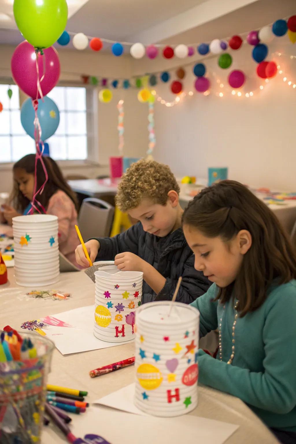 Youngsters creating their tin lights, a resourceful party endeavor.