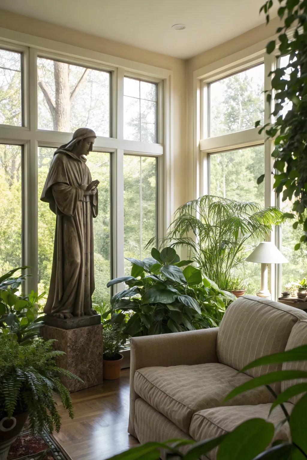 Greenery and statues create a tranquil space.