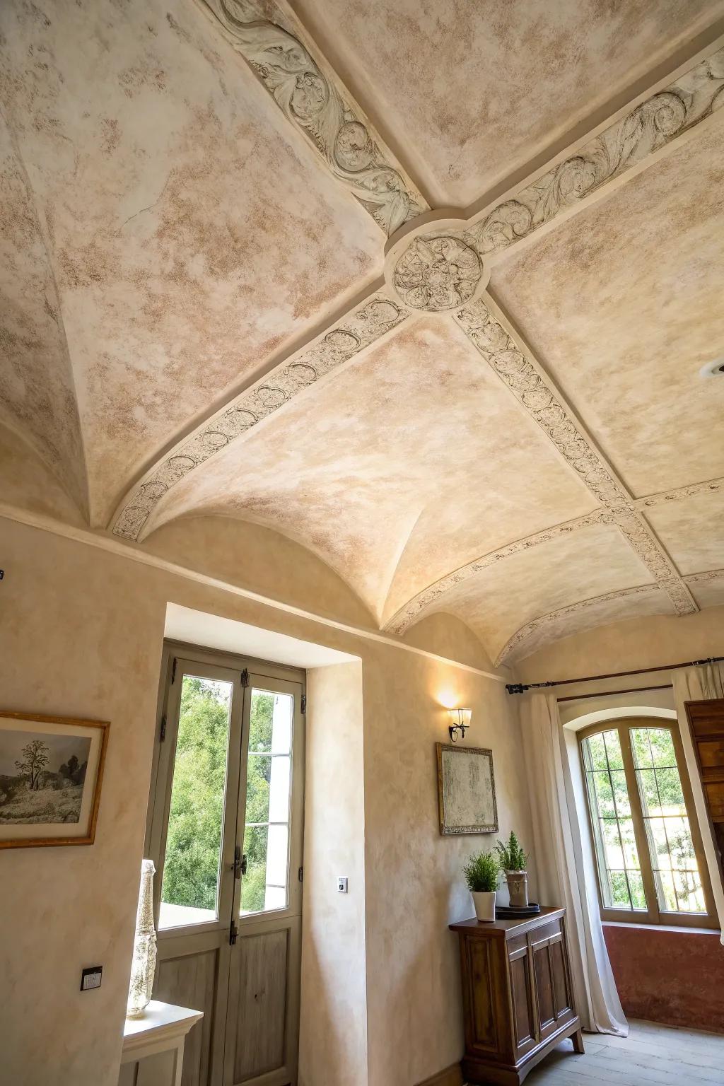Lime wash finish provides a textured, elegant finish to ceilings.
