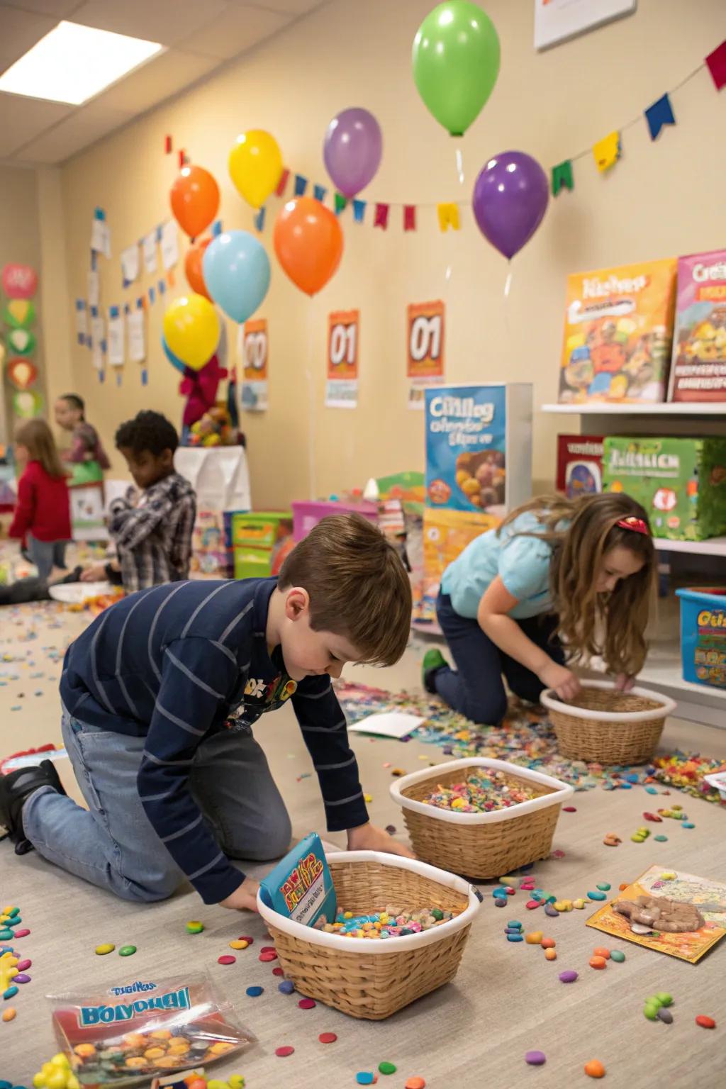 Youngsters participating in a grains exploration quest in a decorated area.