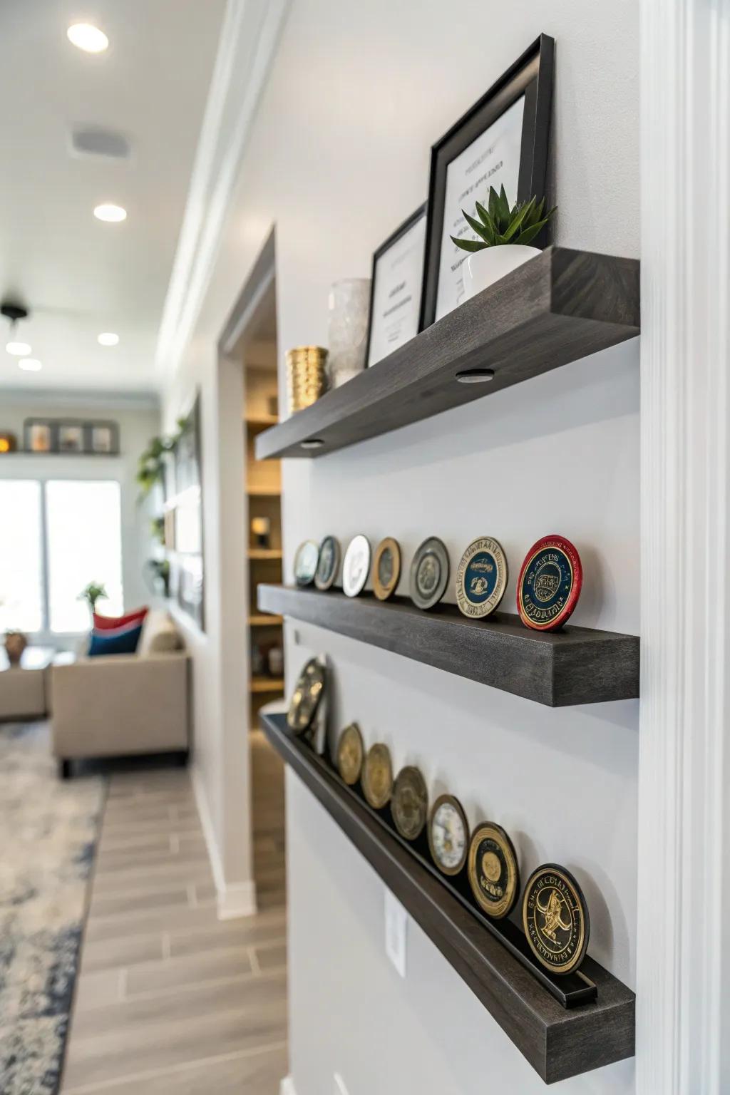 Floating shelves offer a sleek and modern display option.