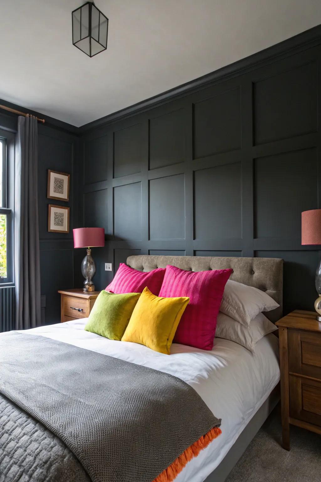 Vibrant highlights energize a deep slate-themed bedroom.
