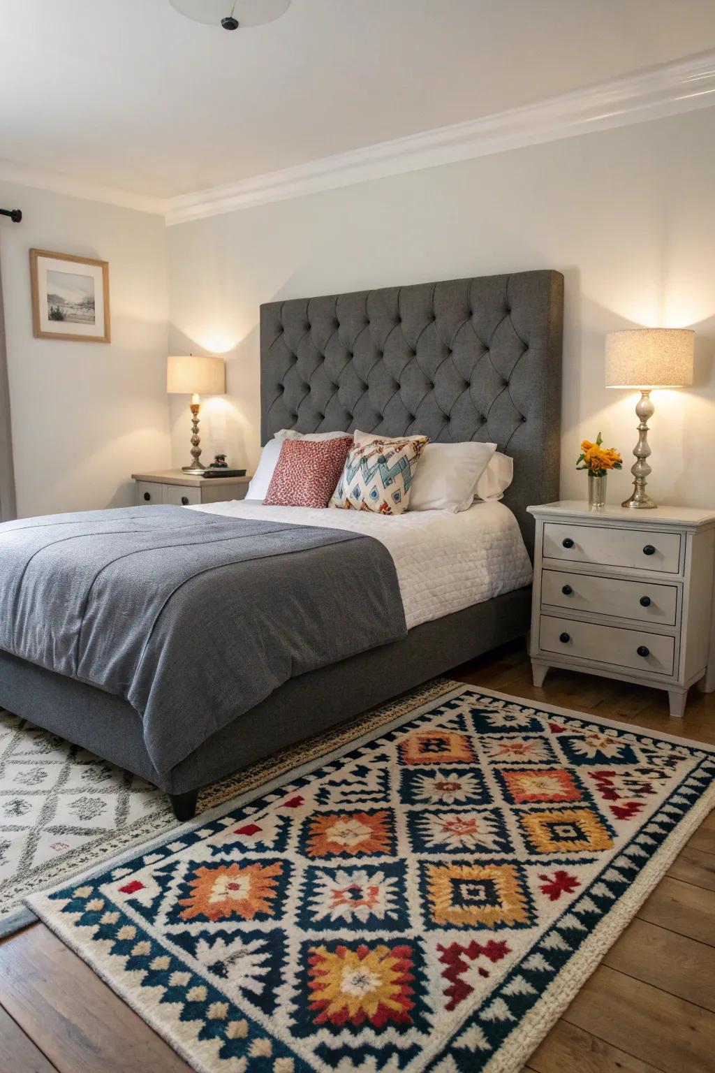 Numerical configurations introduce modern style to a grey-themed bedroom.