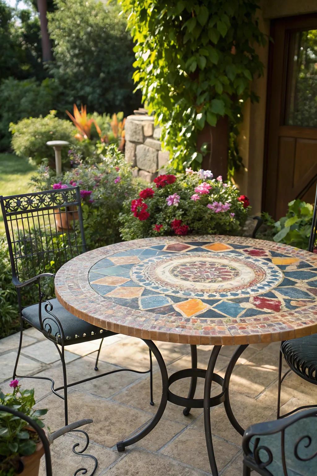 An inlaid tabletop adds artistic flair to your patio.