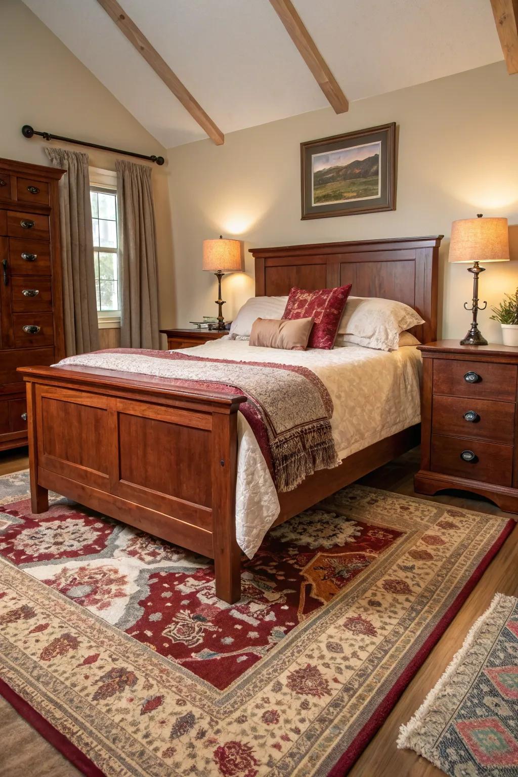 Many stacked rugs enhance any mahogany themed room.