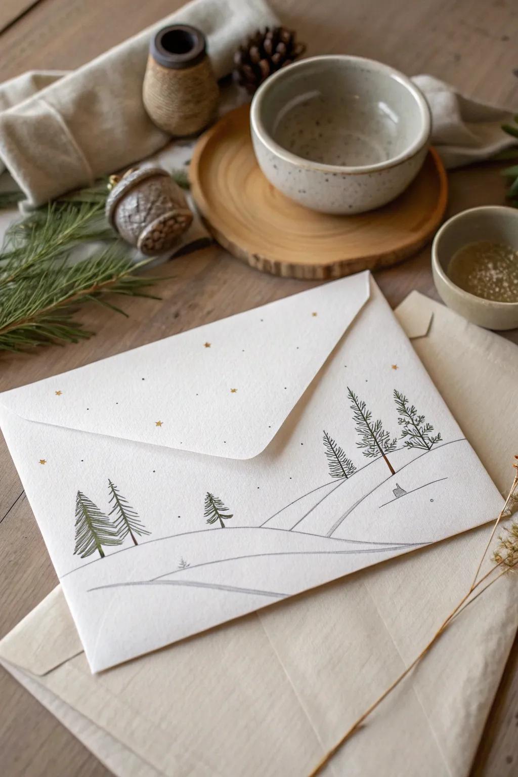 Embrace the serene beauty of simplicity with this simple snowscape envelope decoration, superb for your holiday greetings.