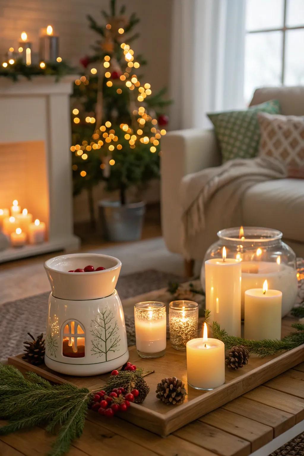 Create a warm atmosphere with the inviting scent of holiday spice and evergreen.