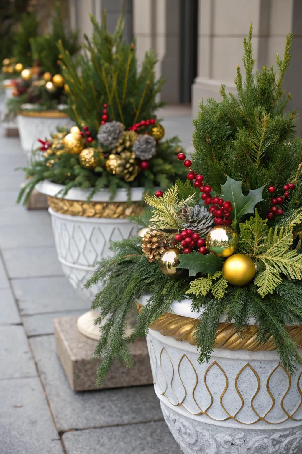 Metallic accents enhance a festive shimmer to your porch.