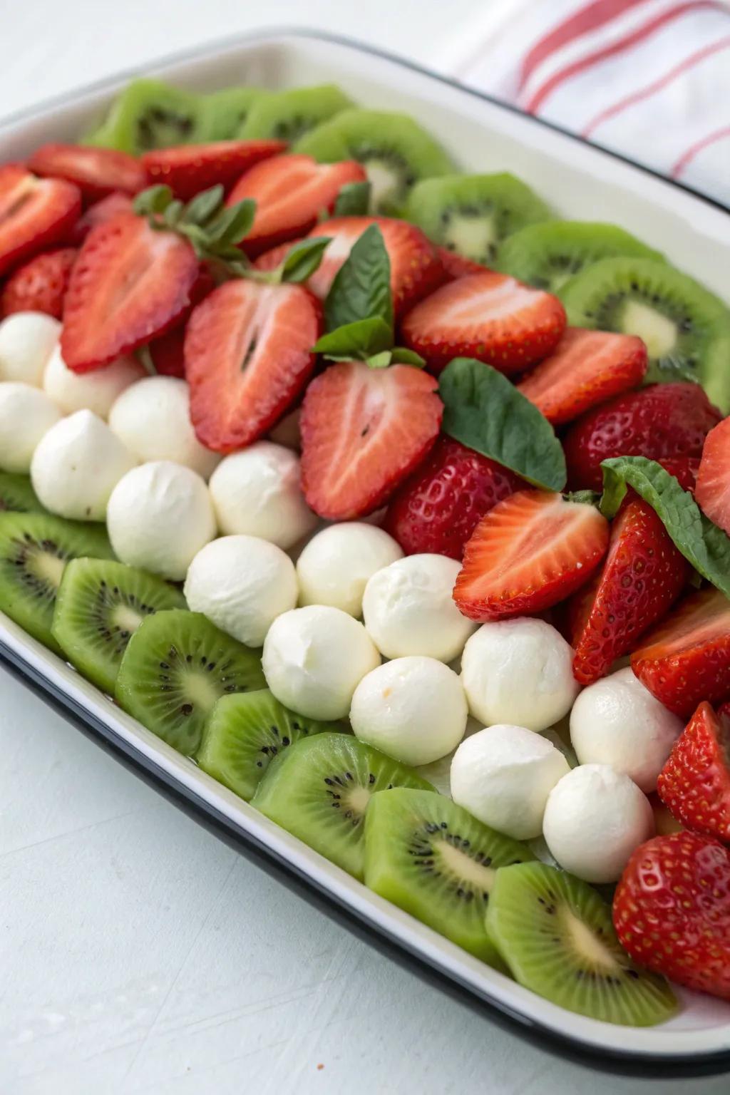 A dish celebrating traditional Christmas colors with fruits and cheese.