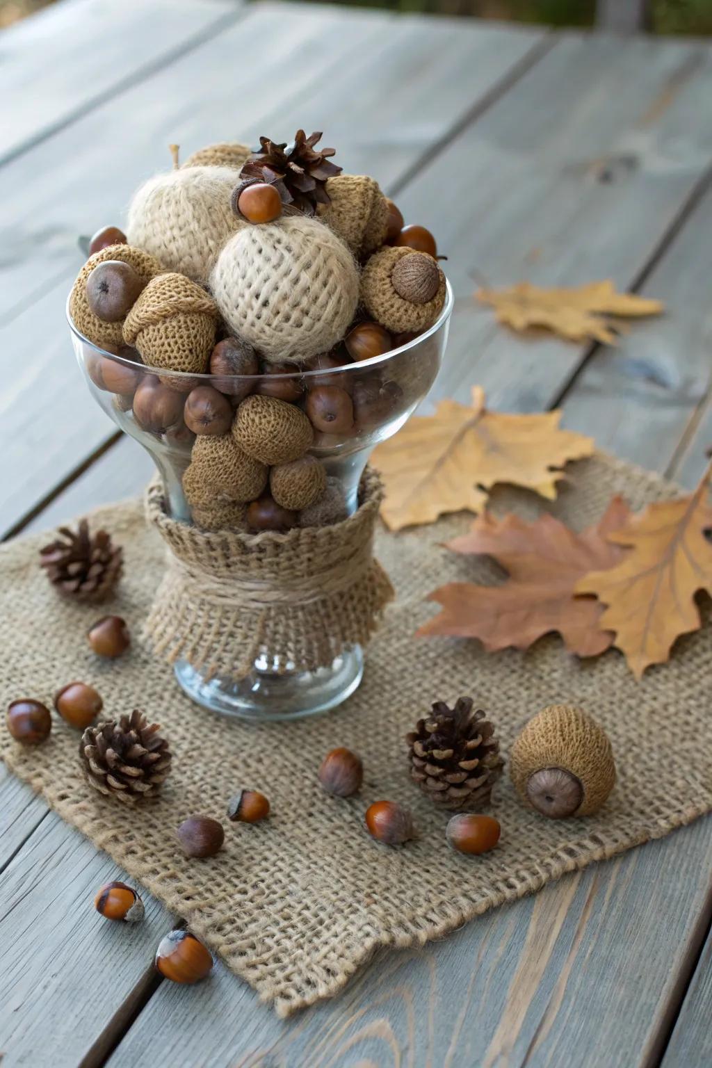 Woodland charisma: acorns and hemp conjure a countryside Yuletide presentation.