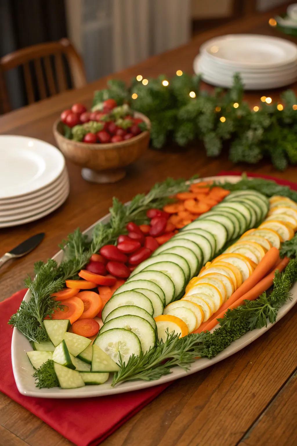 A festive garland veggie arrangement that adds an elegant touch to your holiday table.