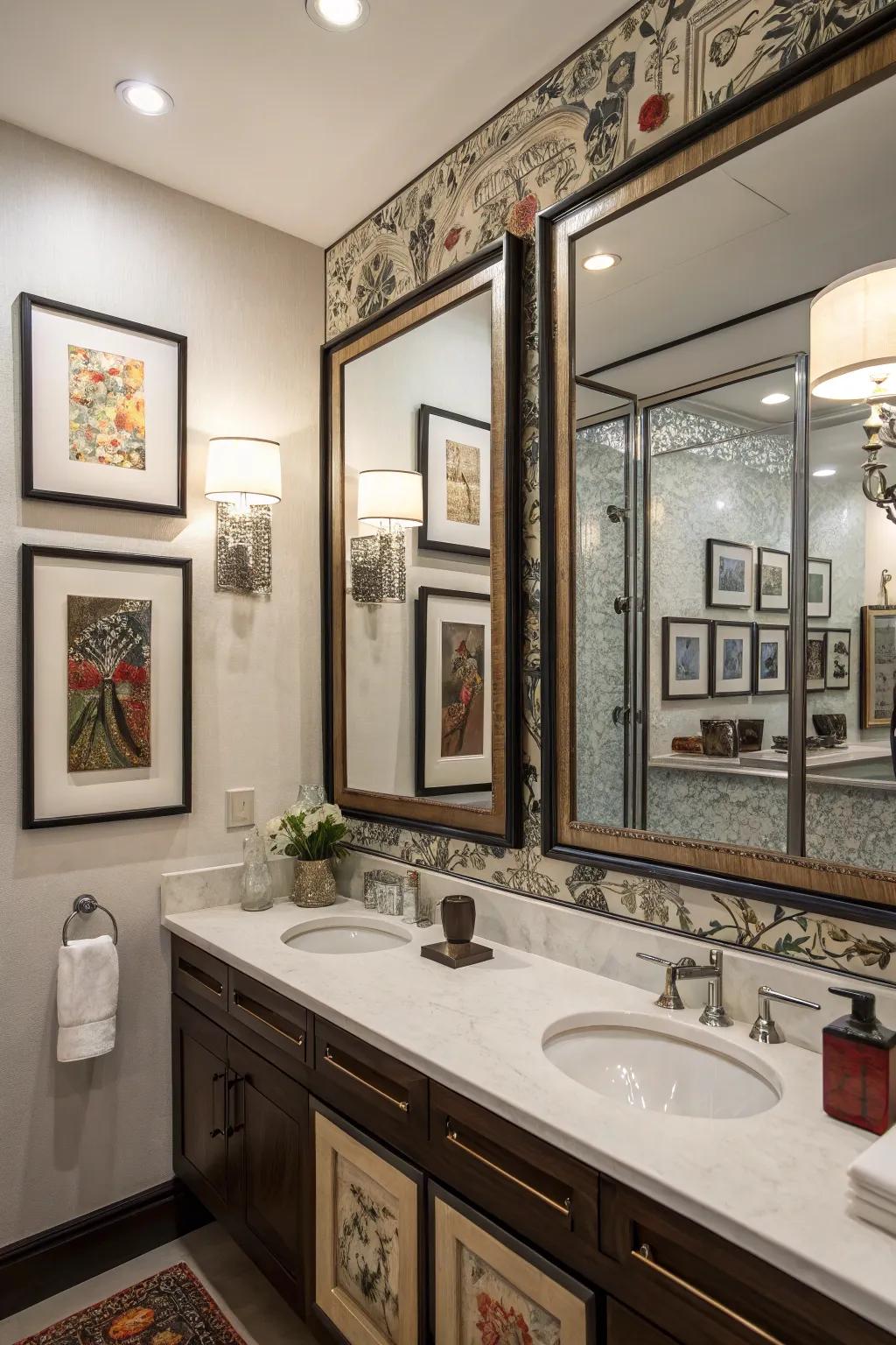 A bathroom where art and mirrors come together to make things look deeper and more stylish.