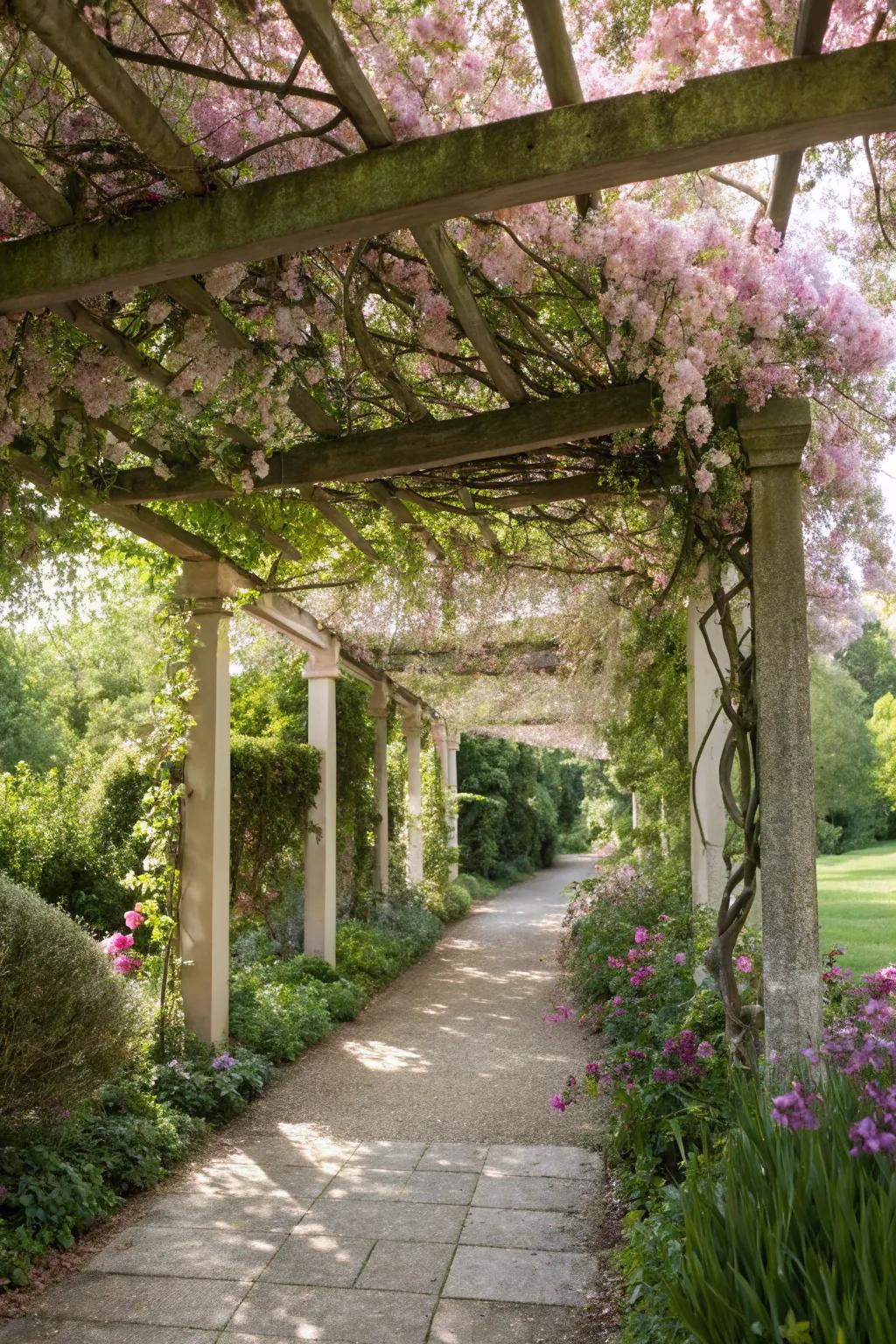 A pergola trellis spawns a magnificent floral covering with clematis.