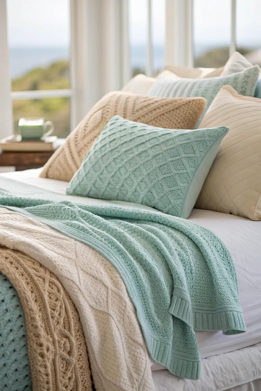 A varied blend of textures enriches the beach-style bedding experience.