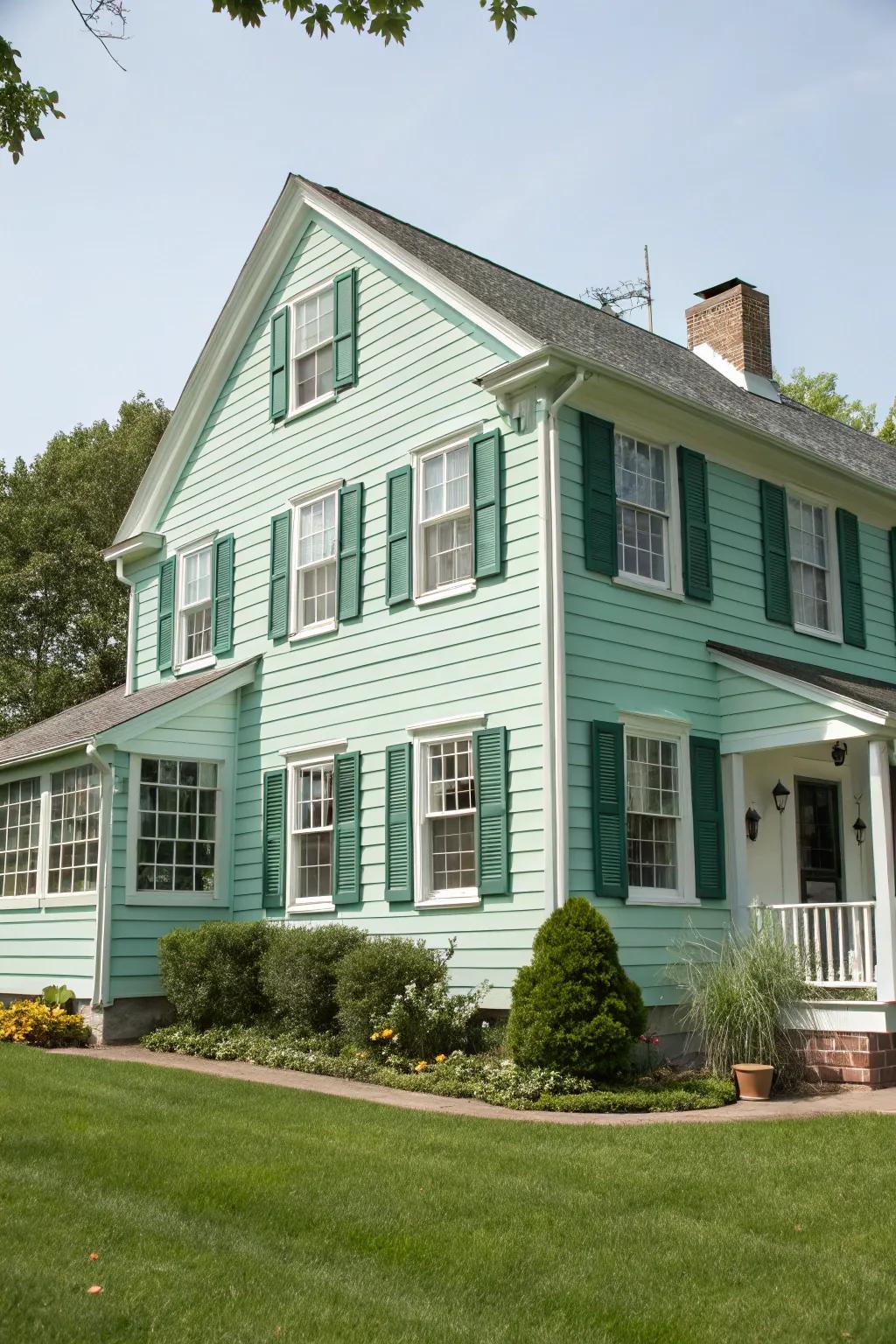 A colonial house with a fresh twist, featuring emerald siding and woodland green window coverings.