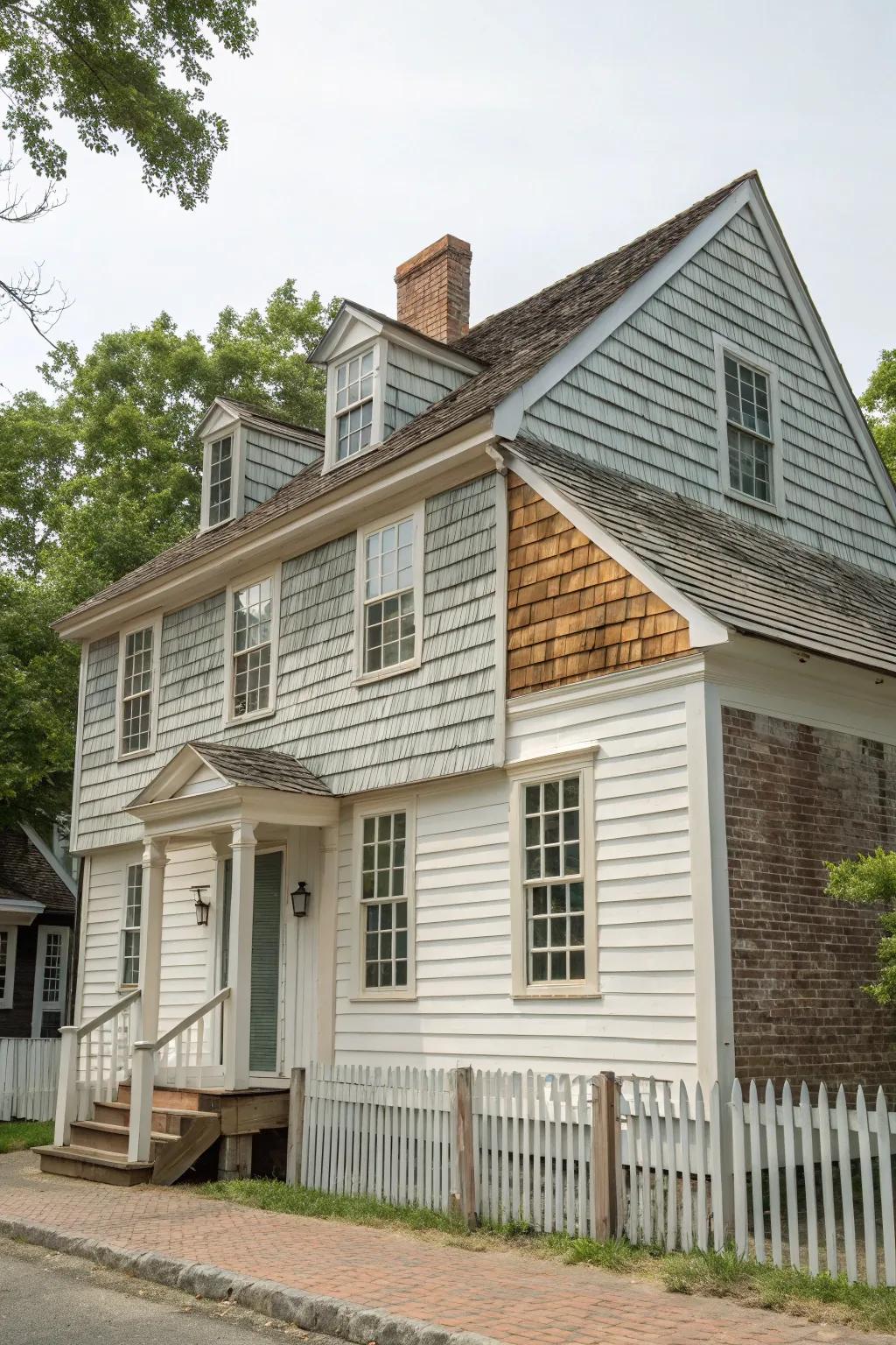 Colonial house featuring blended siding styles.