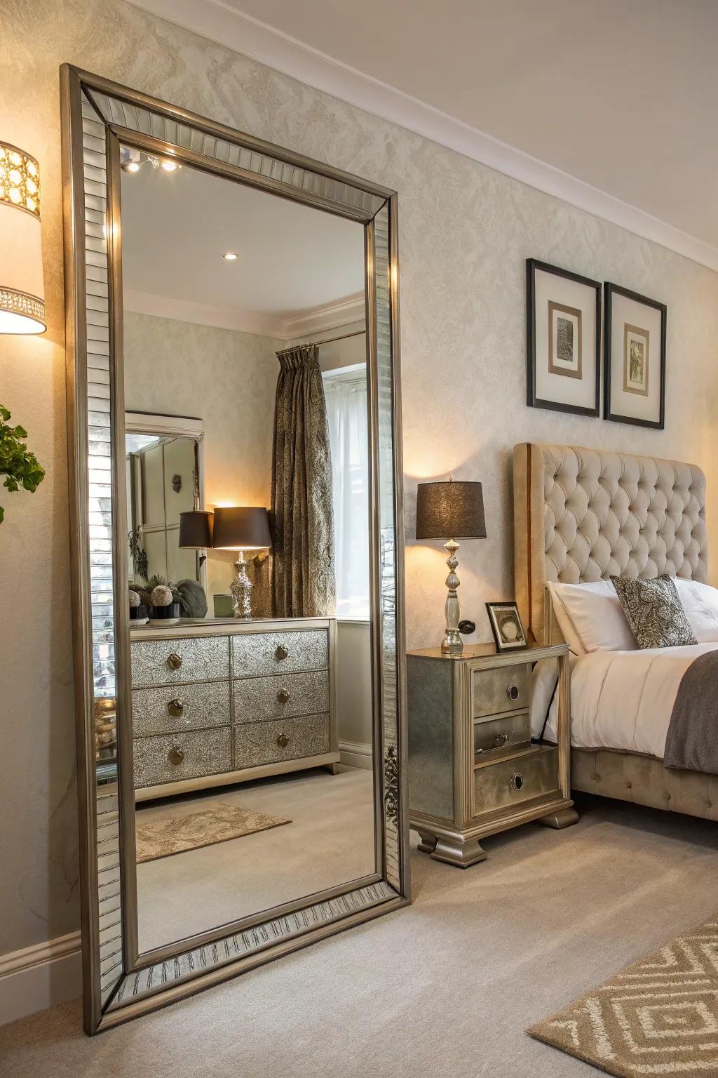 Reflecting surfaces bring light and a touch of elegance to this bedroom.