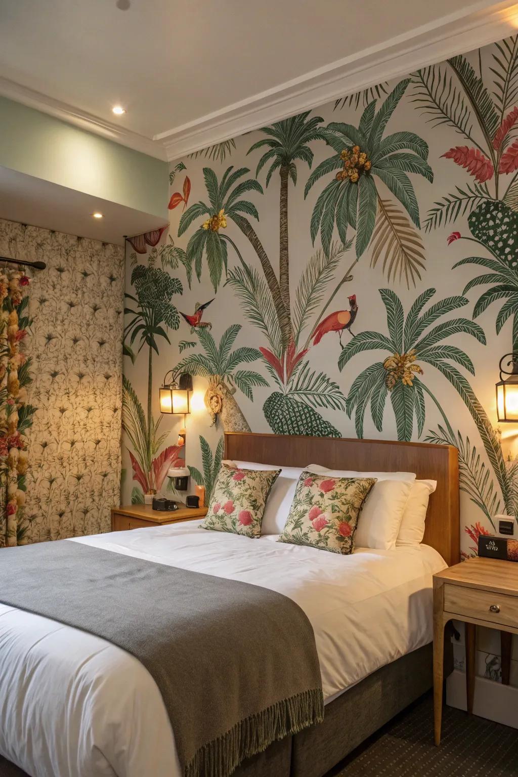 Standout wall covering adds color and texture to this bedroom.