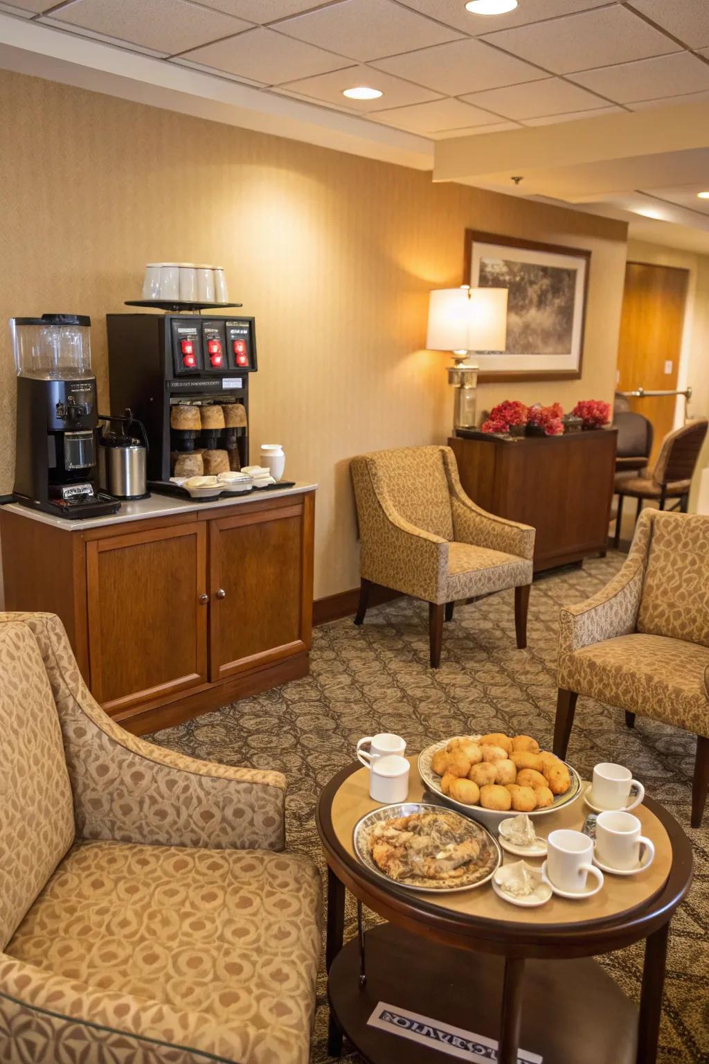 A beverage nook adds warmth and hospitality to the space.